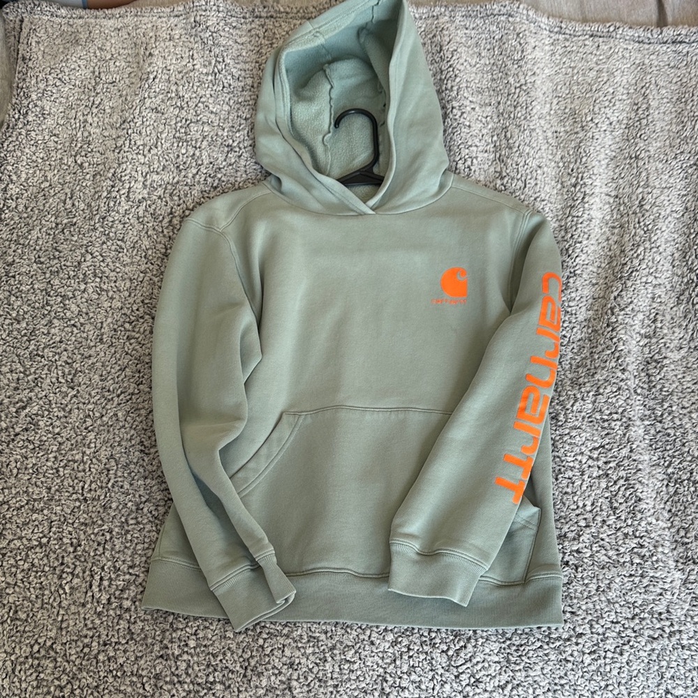 Carhartt Sage Green Hoodie Sweatshirt with Orange Logo